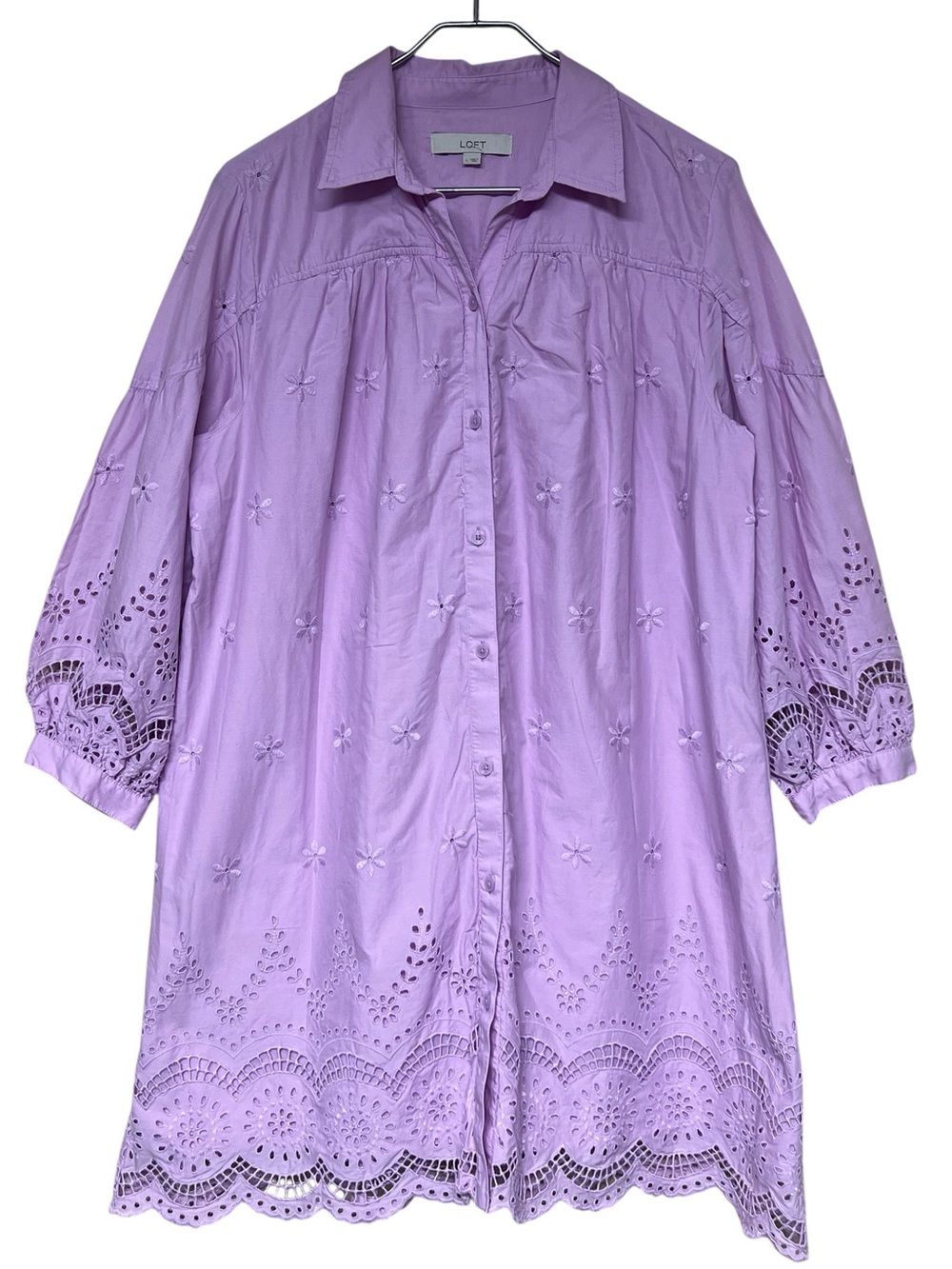 LOFT lavender floral embroidered eyelet puff sleeve button front shirt dress